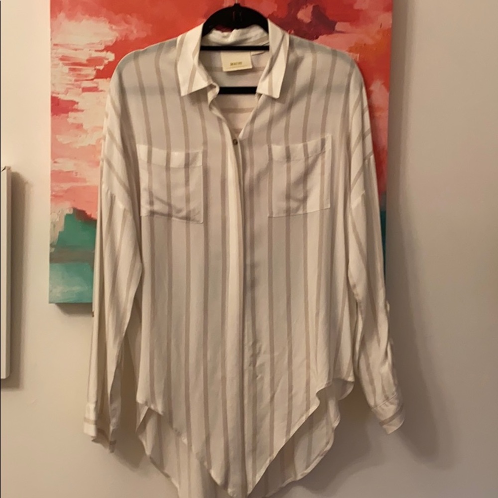 Anthropology button up blouse tie waist tan/white